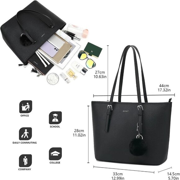 Women Tote Bag PU Leather Large Capacity Shoulder Purse for Work School Shopping - Picture 5 of 8